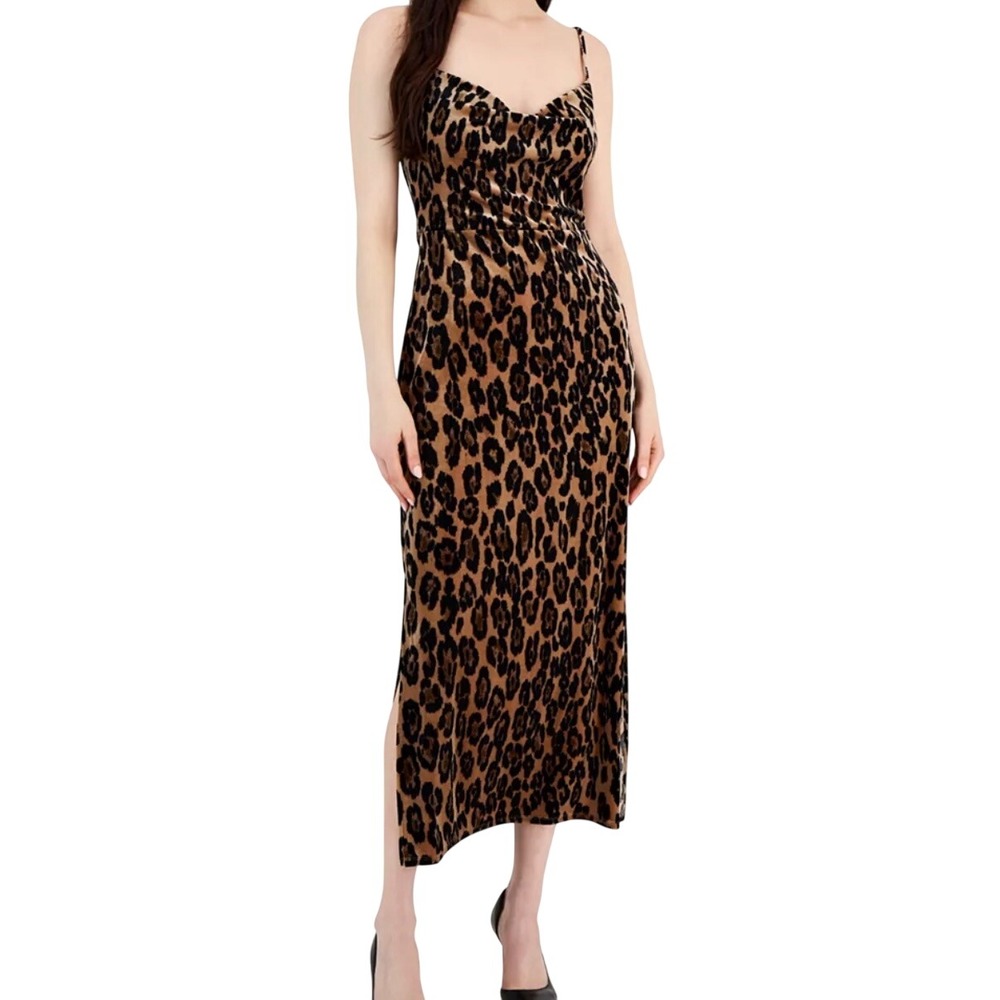 TAYLOR Women's Leopard Animal Print Velvet Maxi Slip Dress with‎ Slits Size 10